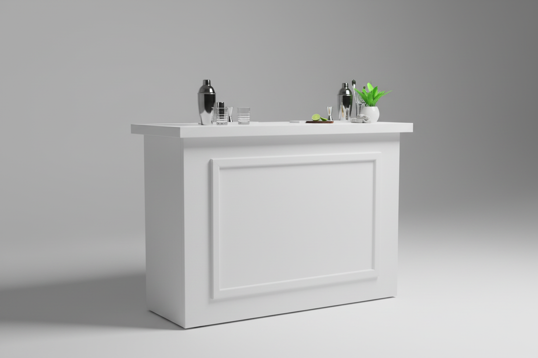 White collapsible portable bar, front view