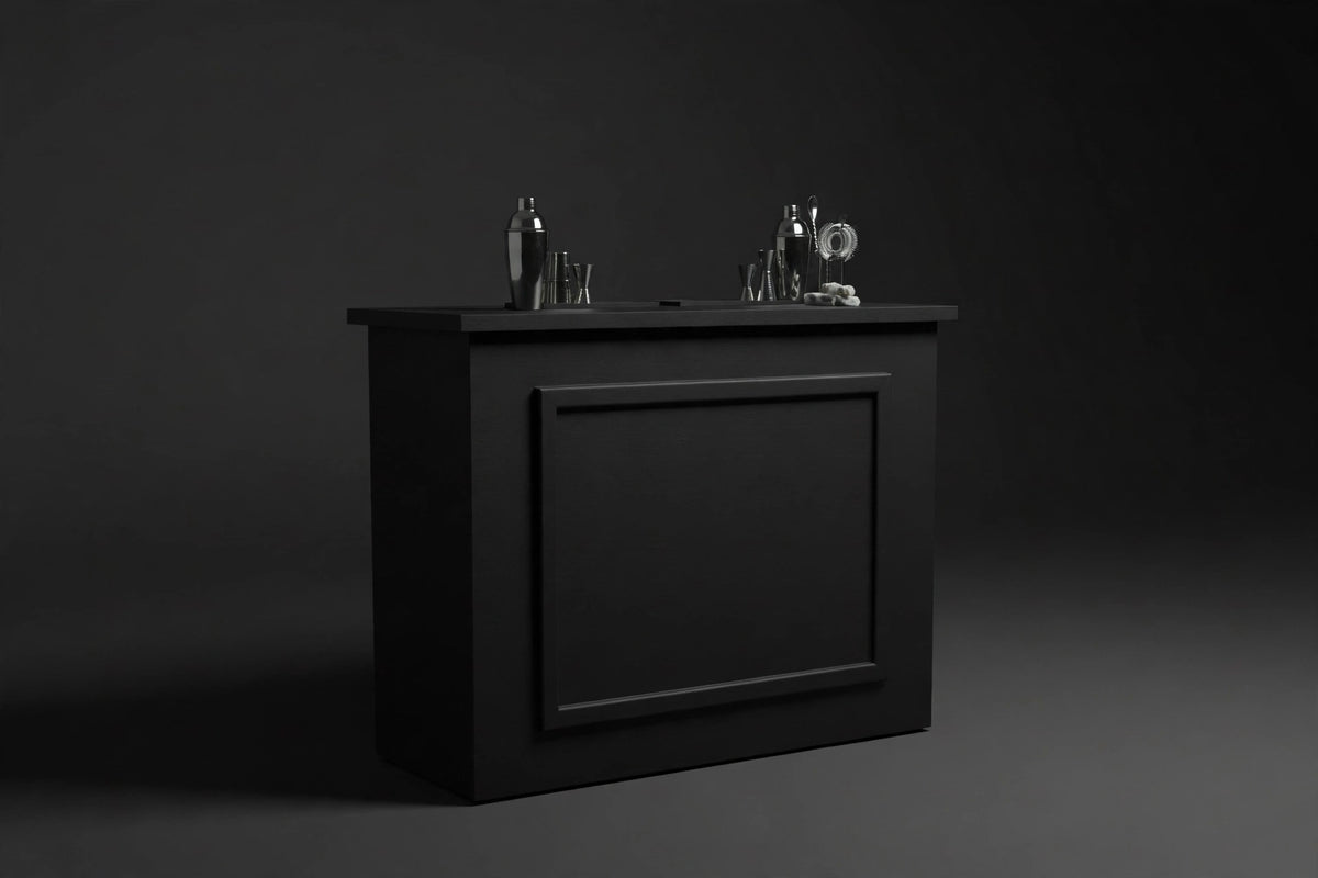 4-foot black collapsible portable event bar, front view — packs flat, no-tools setup