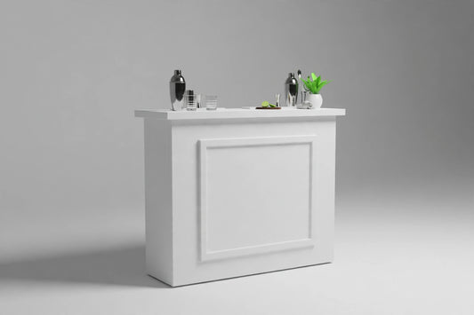 4-foot white collapsible portable event bar, front view — packs flat, no-tools setup