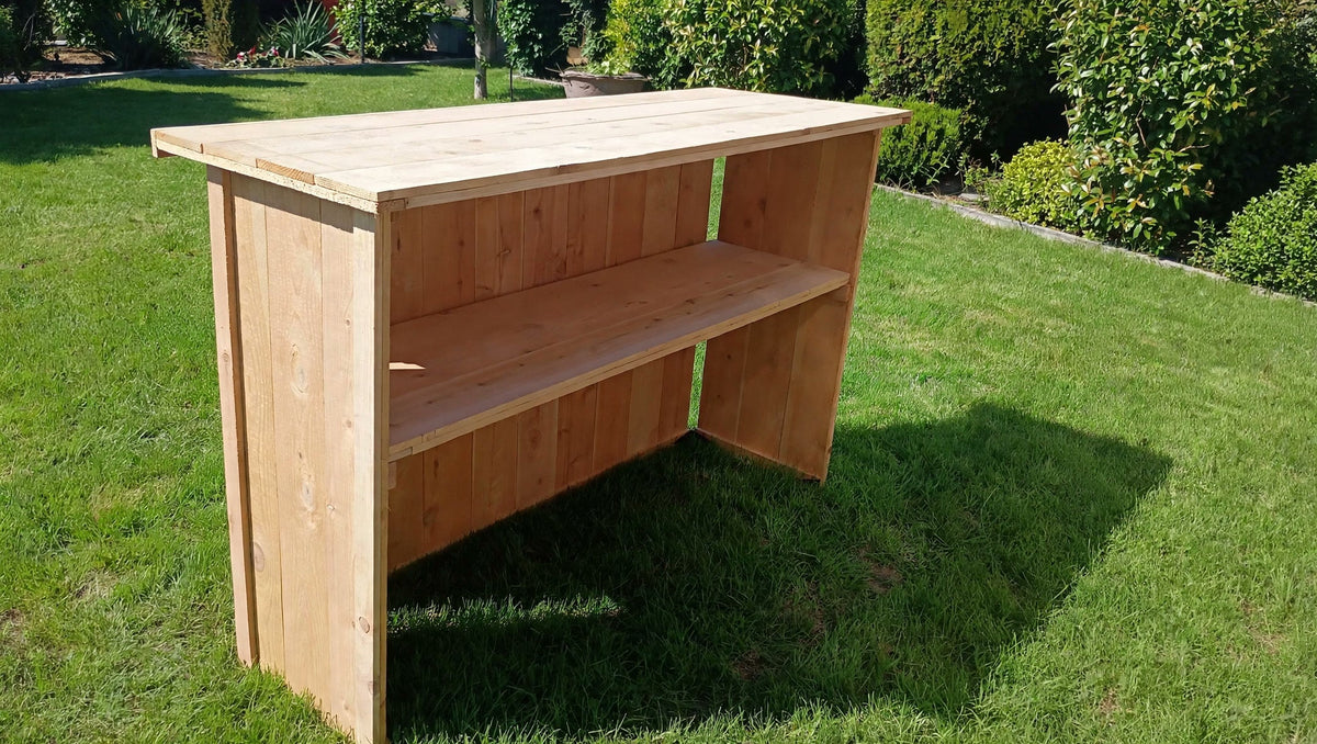 Portable Collapsible Cedar Bar – 5ft Wide, back view with interior shelf