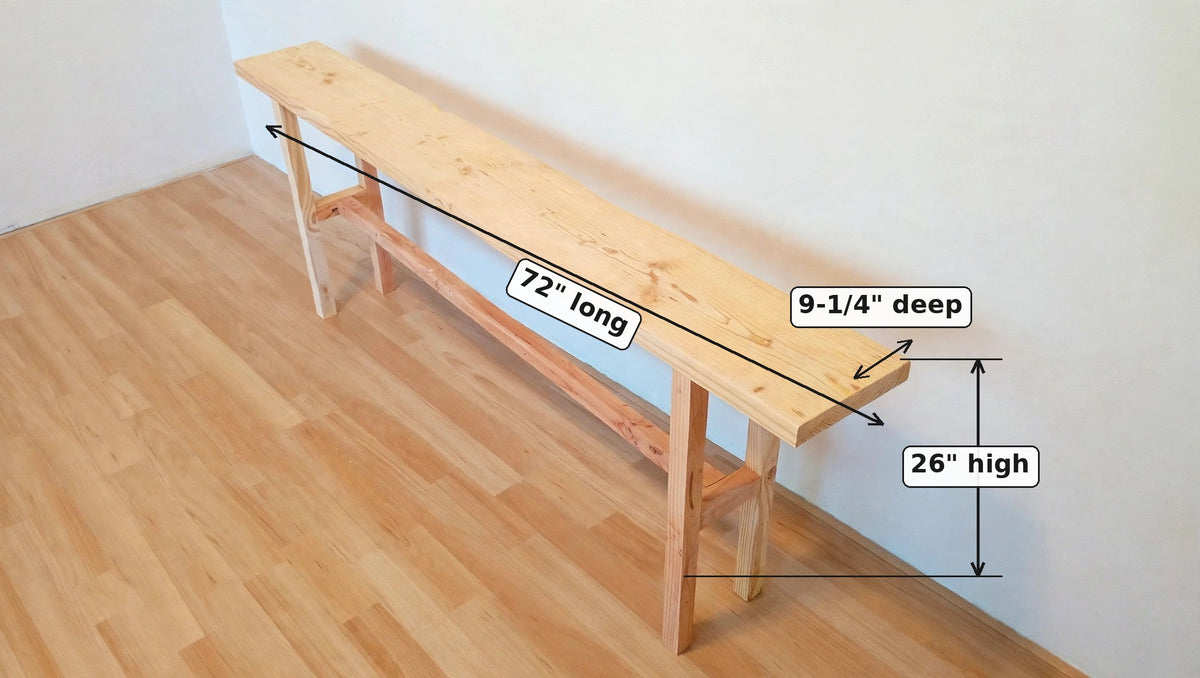 Rustic console table dimensions: 72 in long x 26 in tall x 9-1/4 in deep