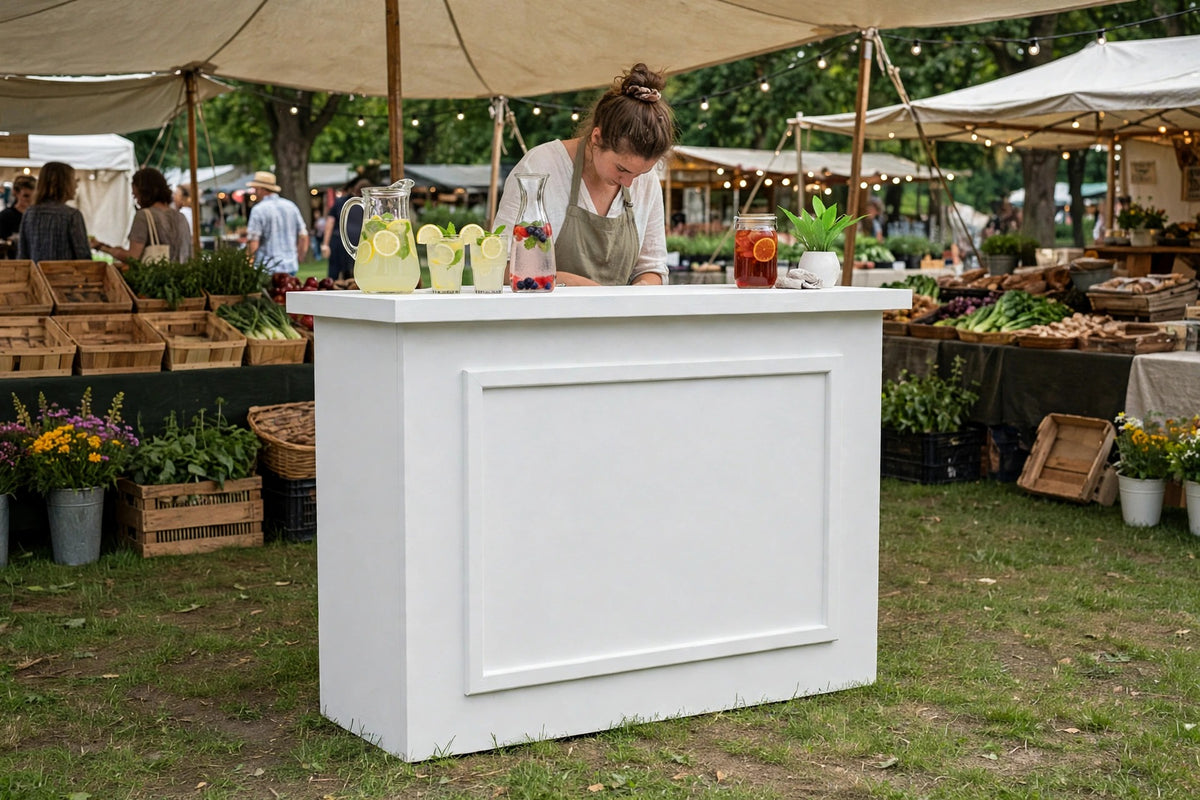 Collapsible bar set up and serving at an outdoor farmers market