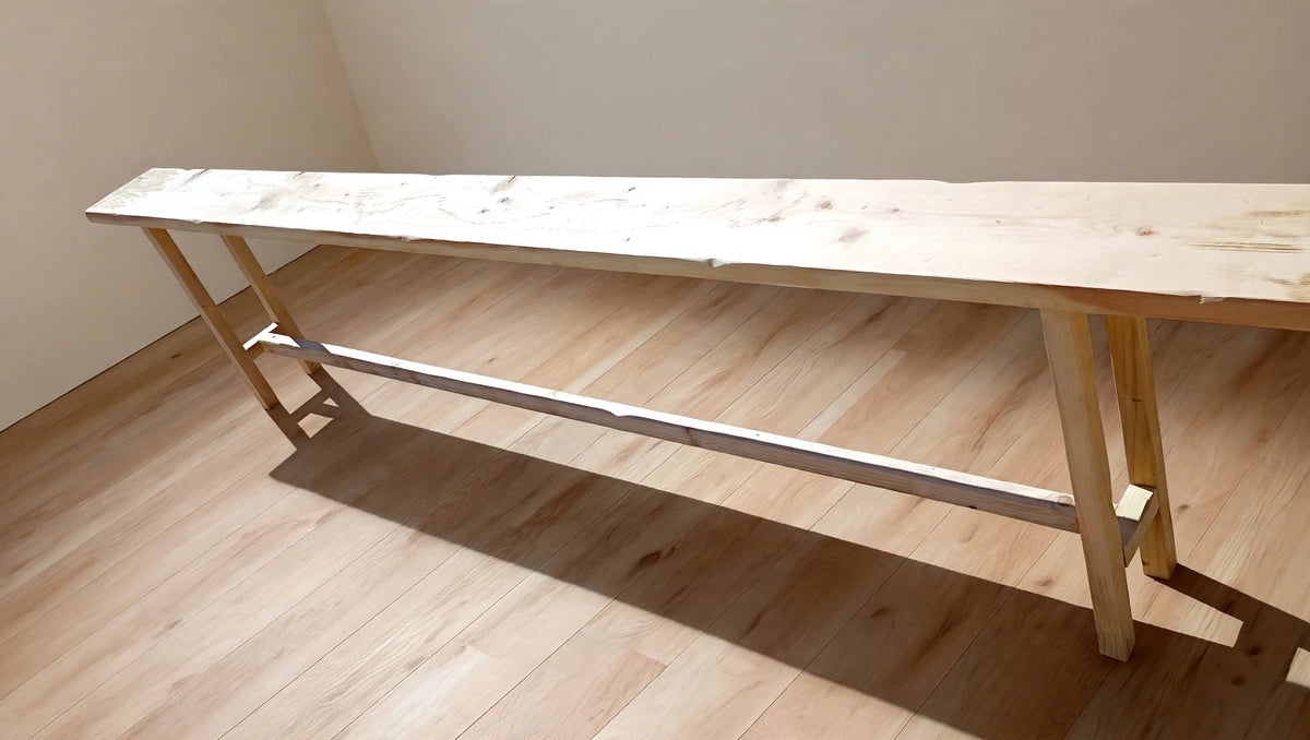 Rustic console table, 10 ft, close view along the top