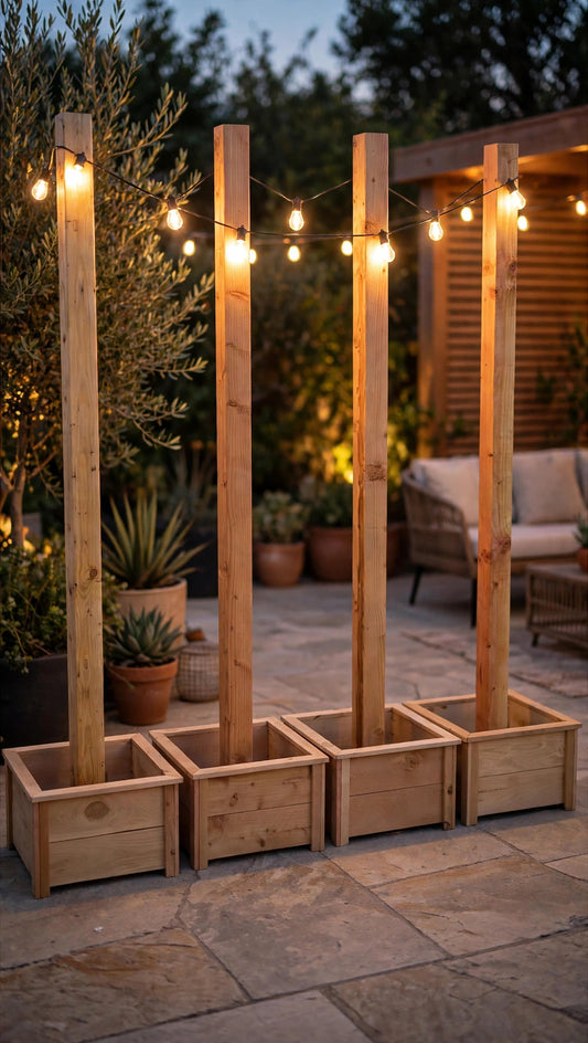 Set of 4 cedar string light planter posts with string lights lit at dusk