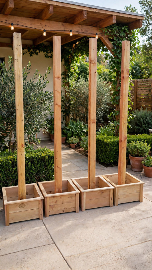Set of 4 cedar string light planter posts under a garden pergola