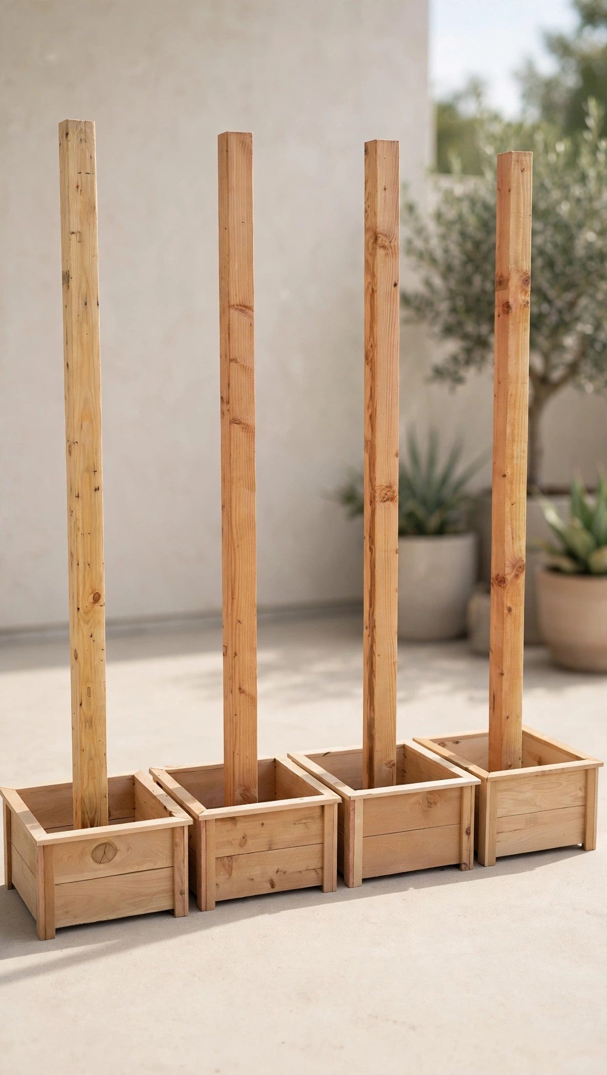 Set of 4 cedar string light planter posts, 20x20x12 planter boxes with fir posts