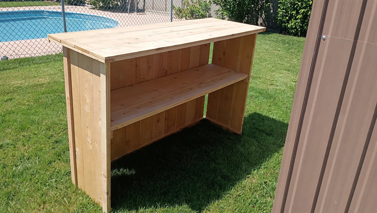 5-foot folding cedar bar built from these plans — back view showing the interior shelf, natural cedar