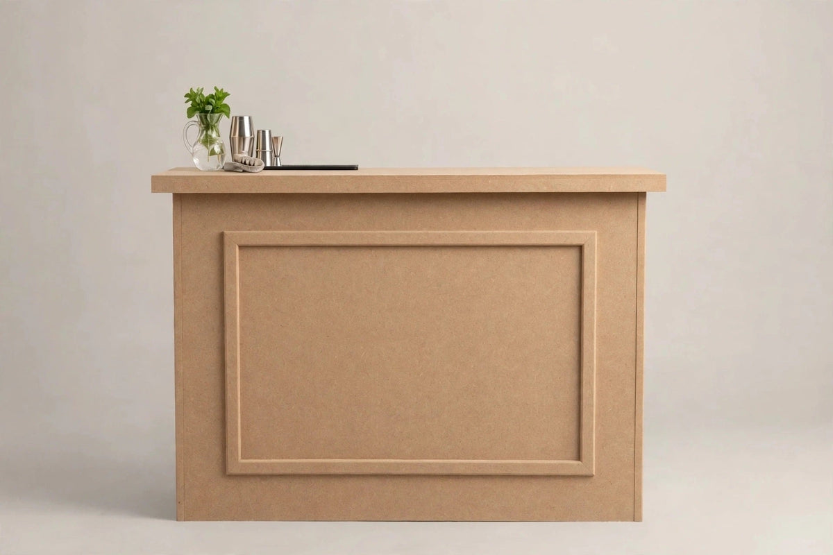 6-foot raw MDF collapsible portable event bar, front view — packs flat, no-tools setup